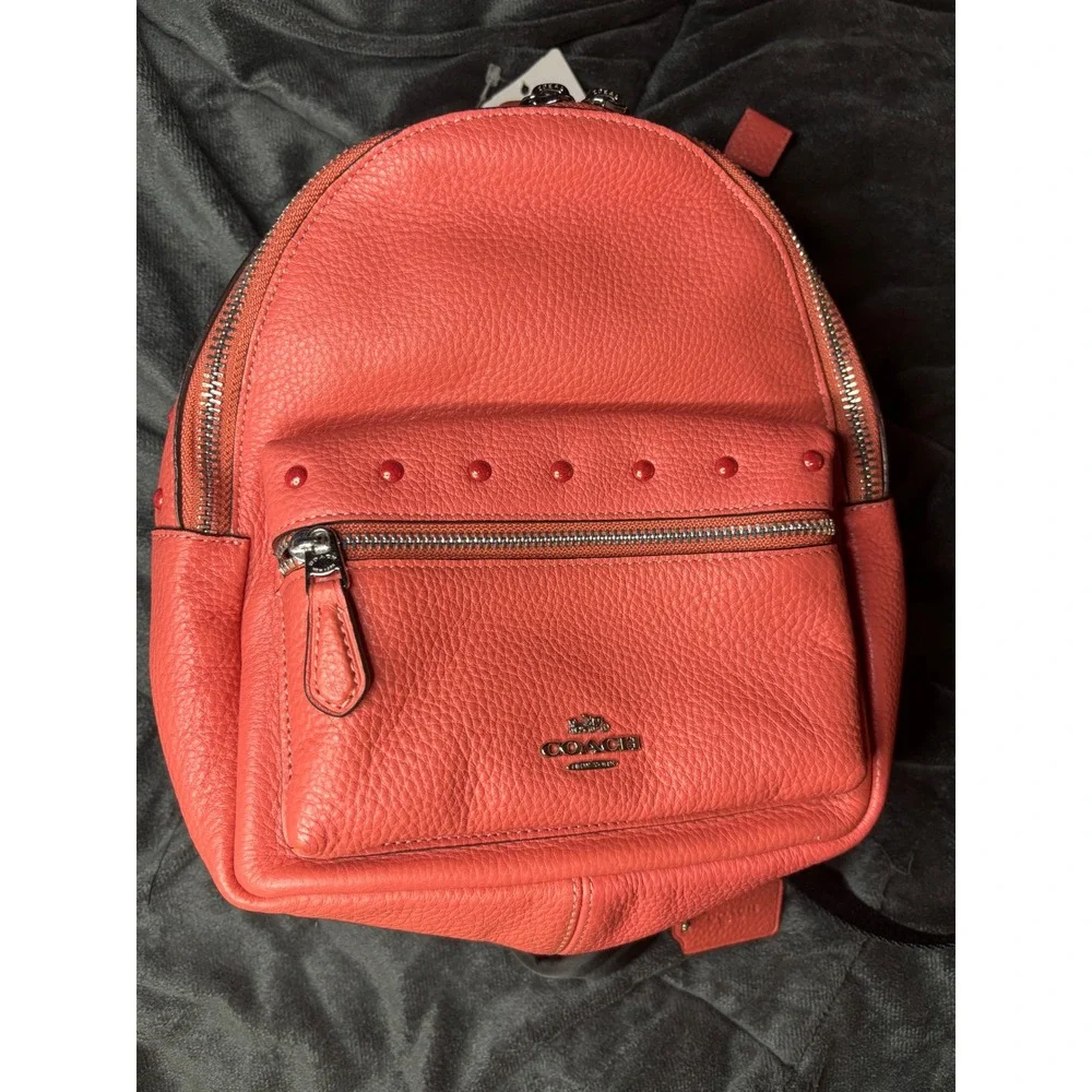 Coach F45070 Charlie Mini Backpack Coral Pebbled Leather Studded Silver Hardware